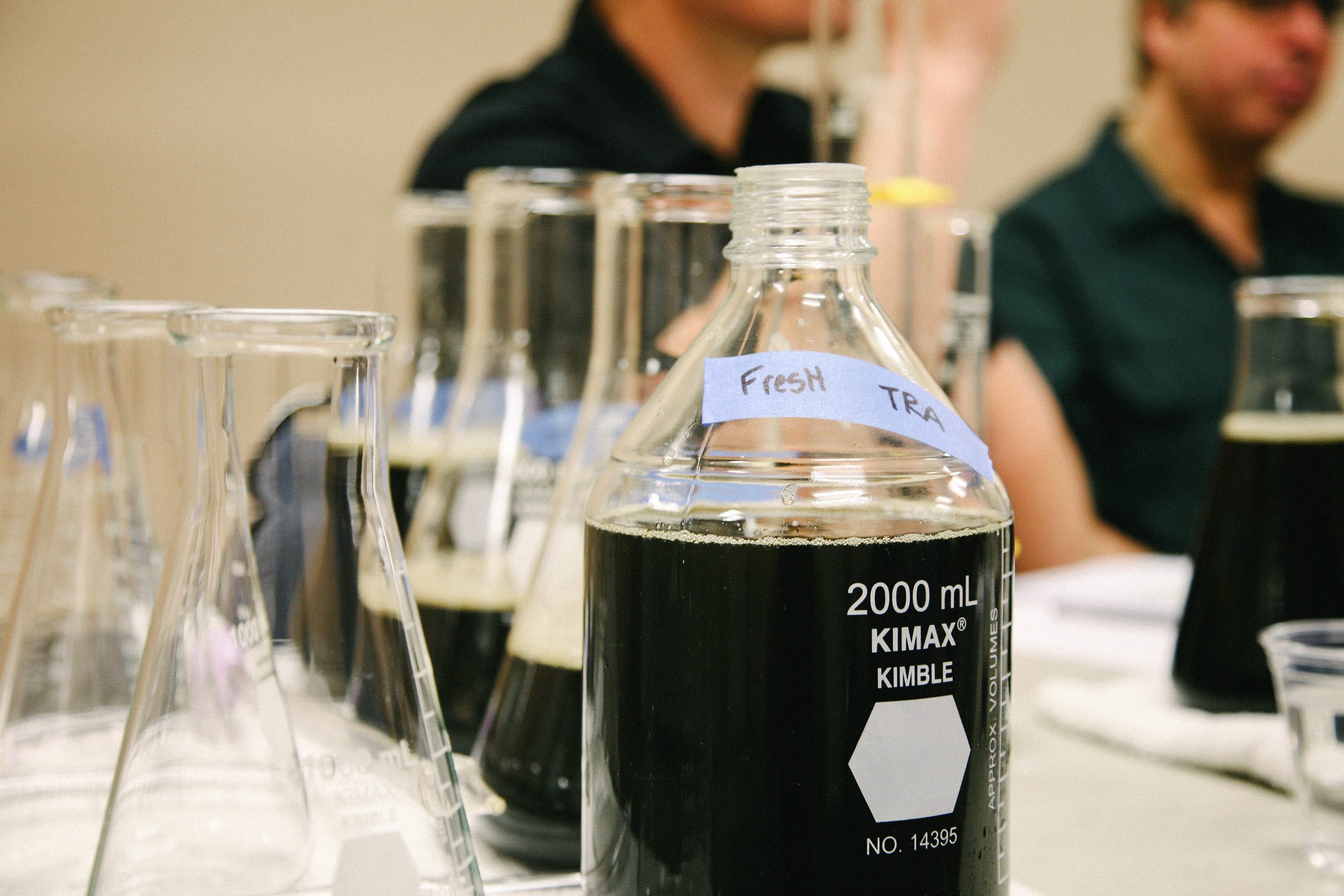 A lineup of several beakers filled with dark beer