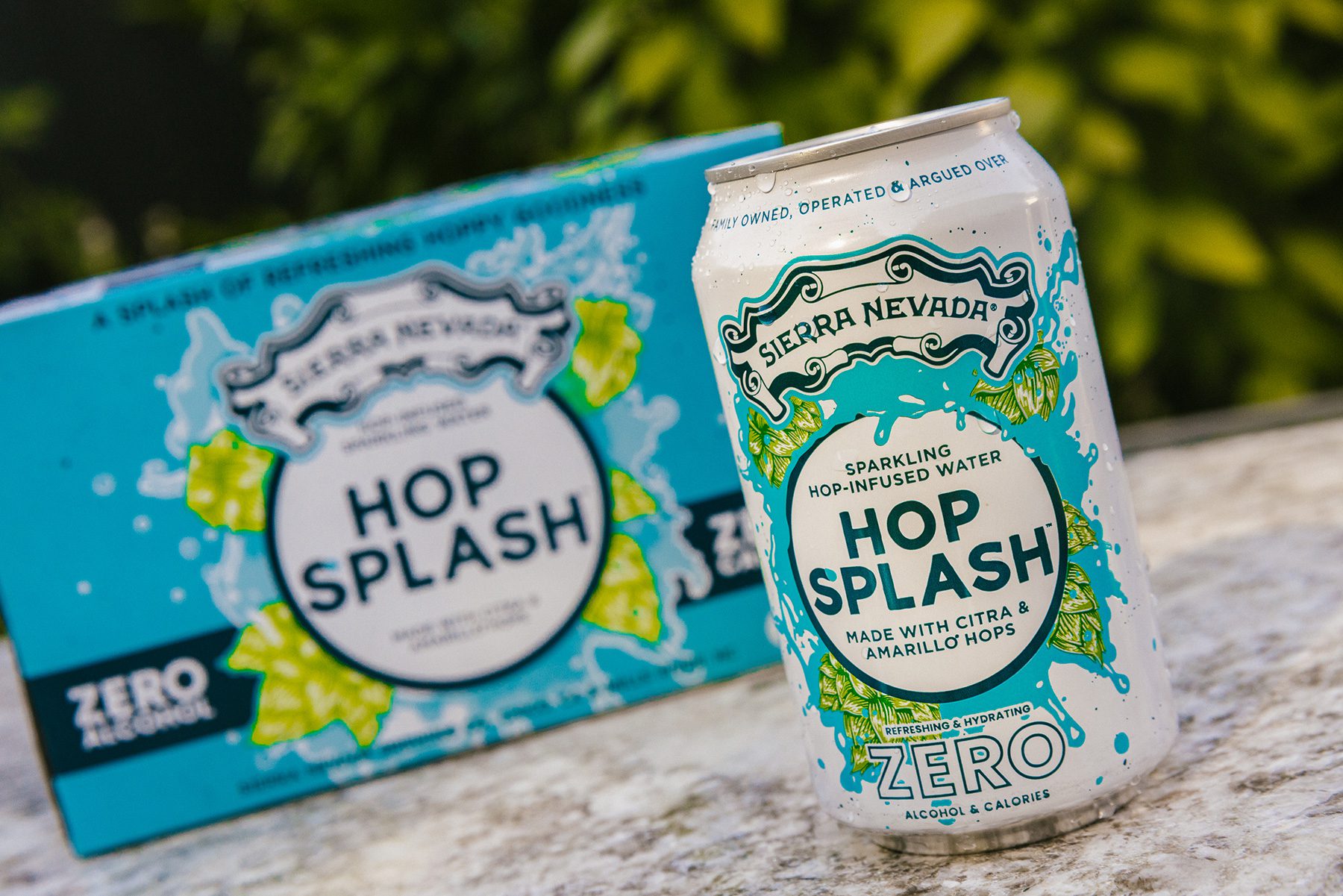 A can and six-pack of Sierra Nevada Hop Splash sparkling water