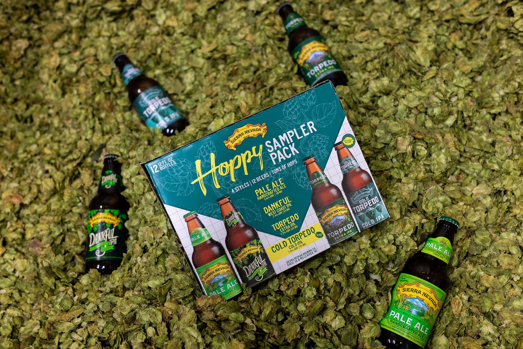 Sierra Nevada's Hoppy Sampler mixed pack in a pile of hops