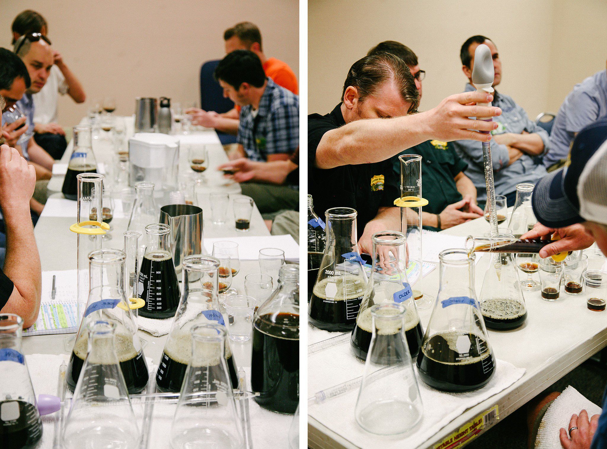 Brewers around a table blending beer using droppers and beakers
