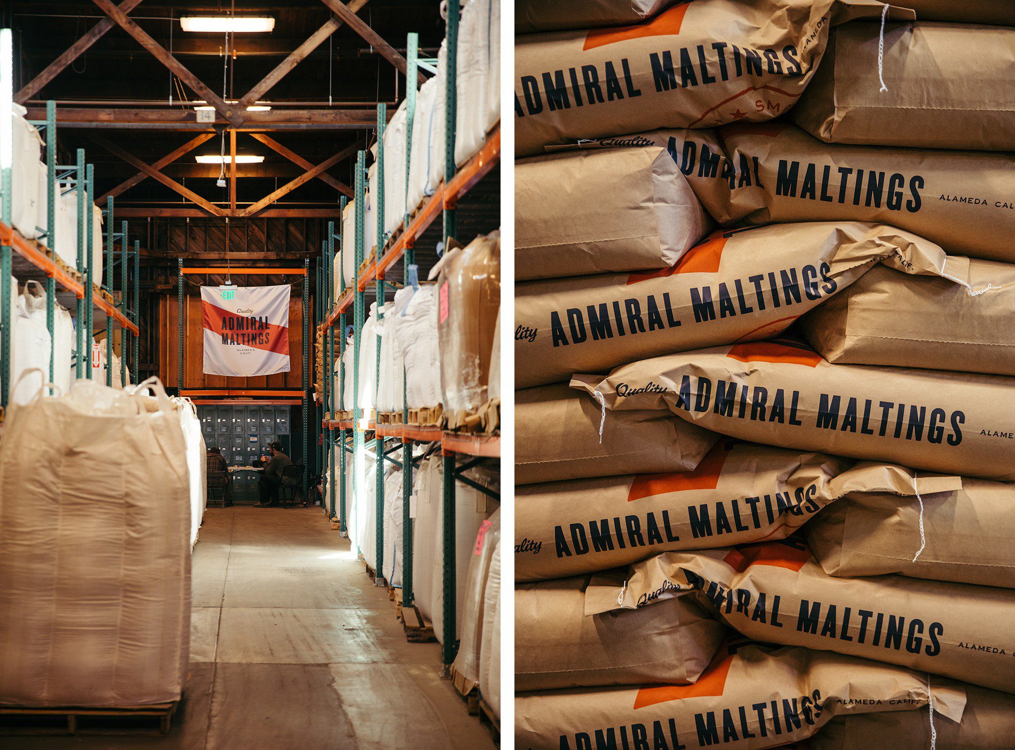 Bags of packaged craft malt at Admiral Maltings