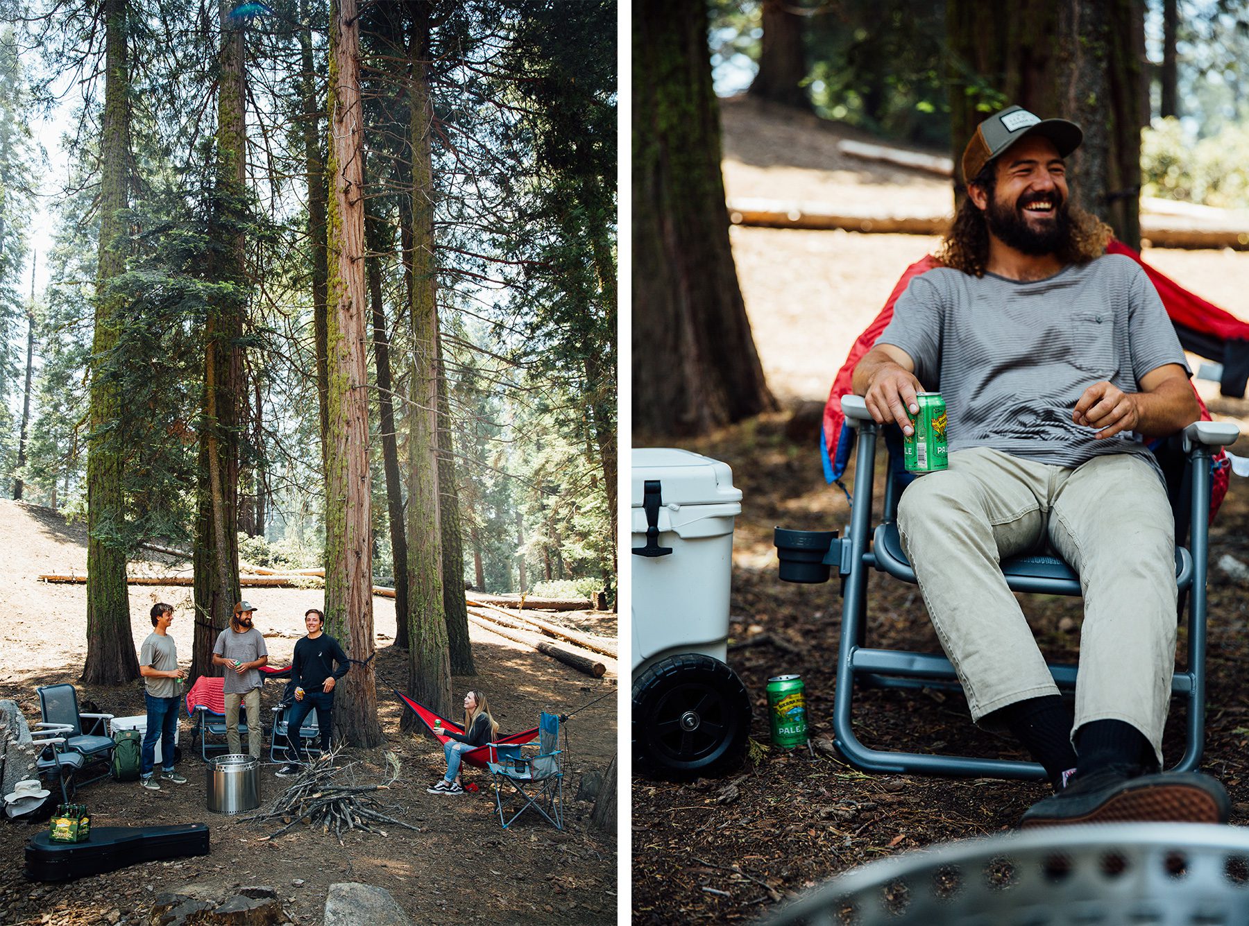 A group of friends relaxing with Sierra Nevada beers at a campsite