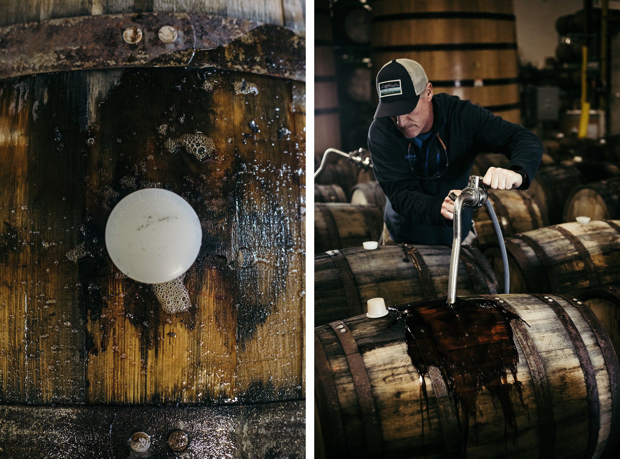 Brewer filling bourbon barrels with beer