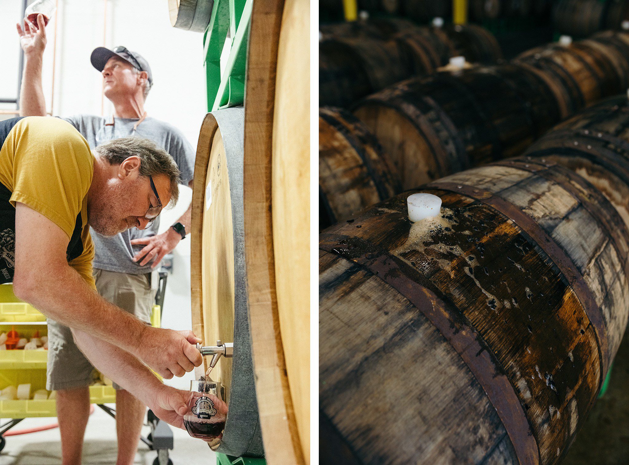 Two brewers pour barrel aged beer samples from wooden casks at Sierra Nevada Brewing Company