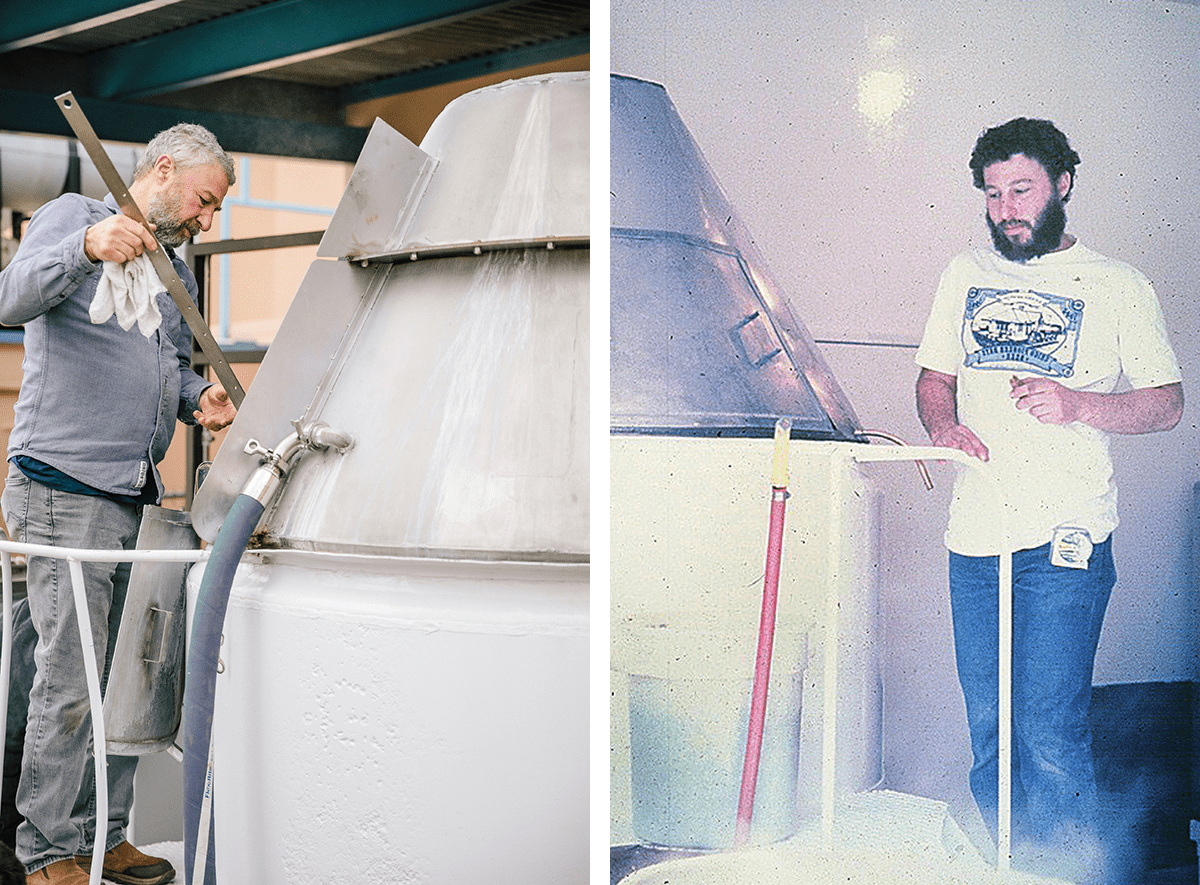 Collage showing Sierra Nevada founder Ken Grossman at his original brewhouse circa 2020 and circa 1980