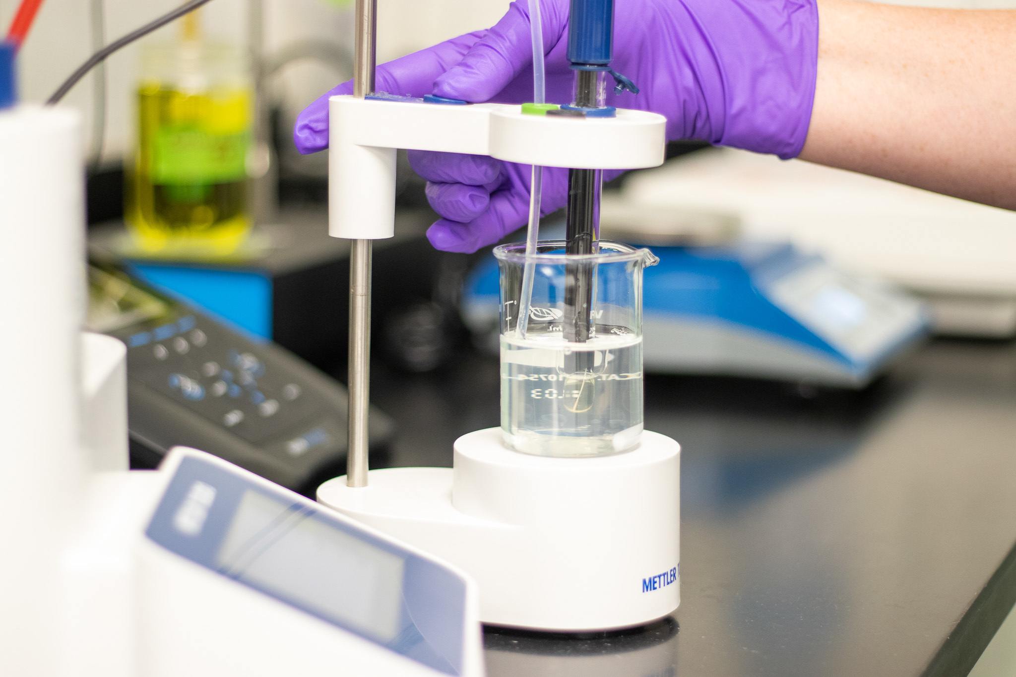 Brewery microbiologist using lab equipment to analyze sauerkraut juice