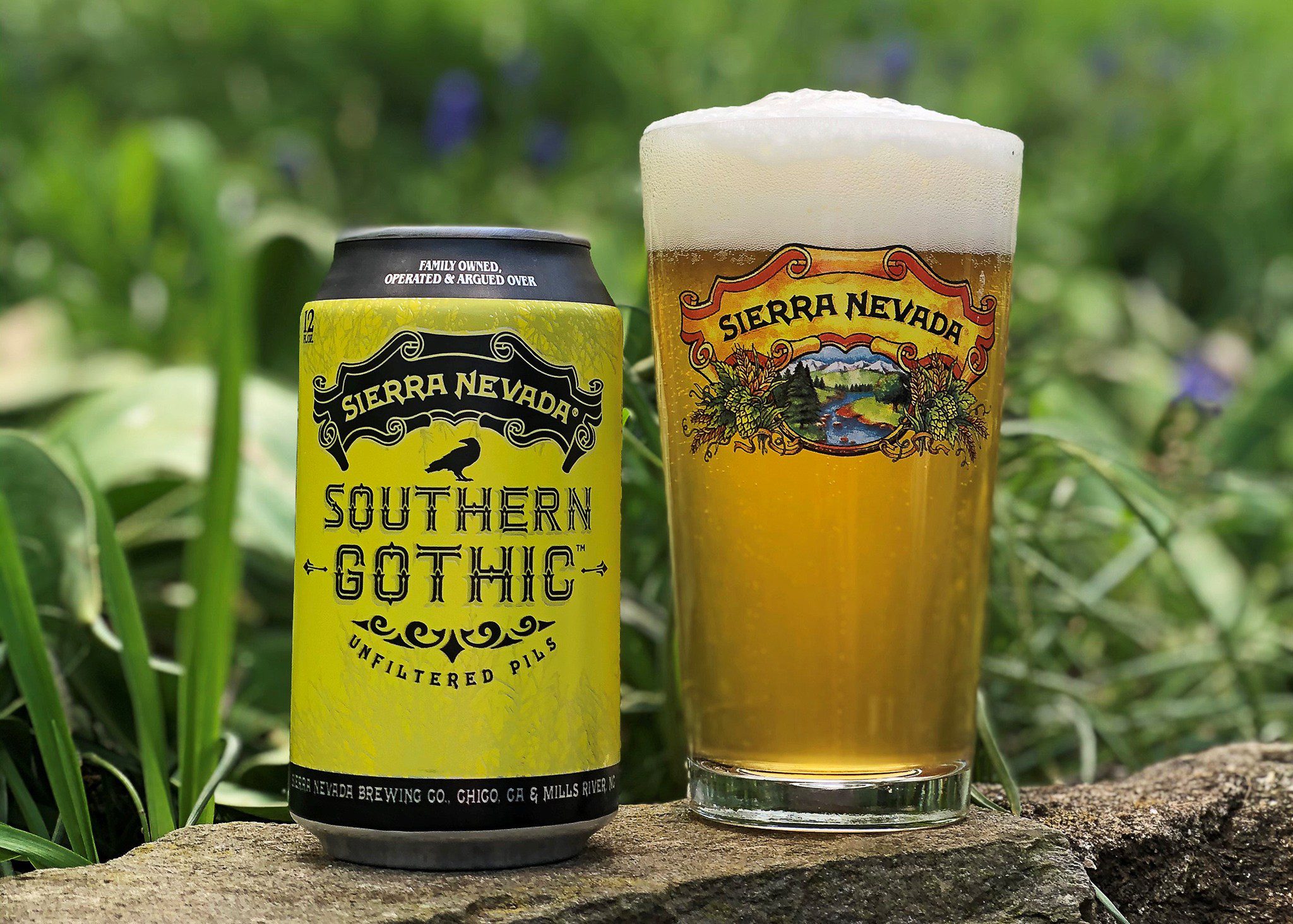 Can and full glass of Sierra Nevada Southern Gothic Pilsner
