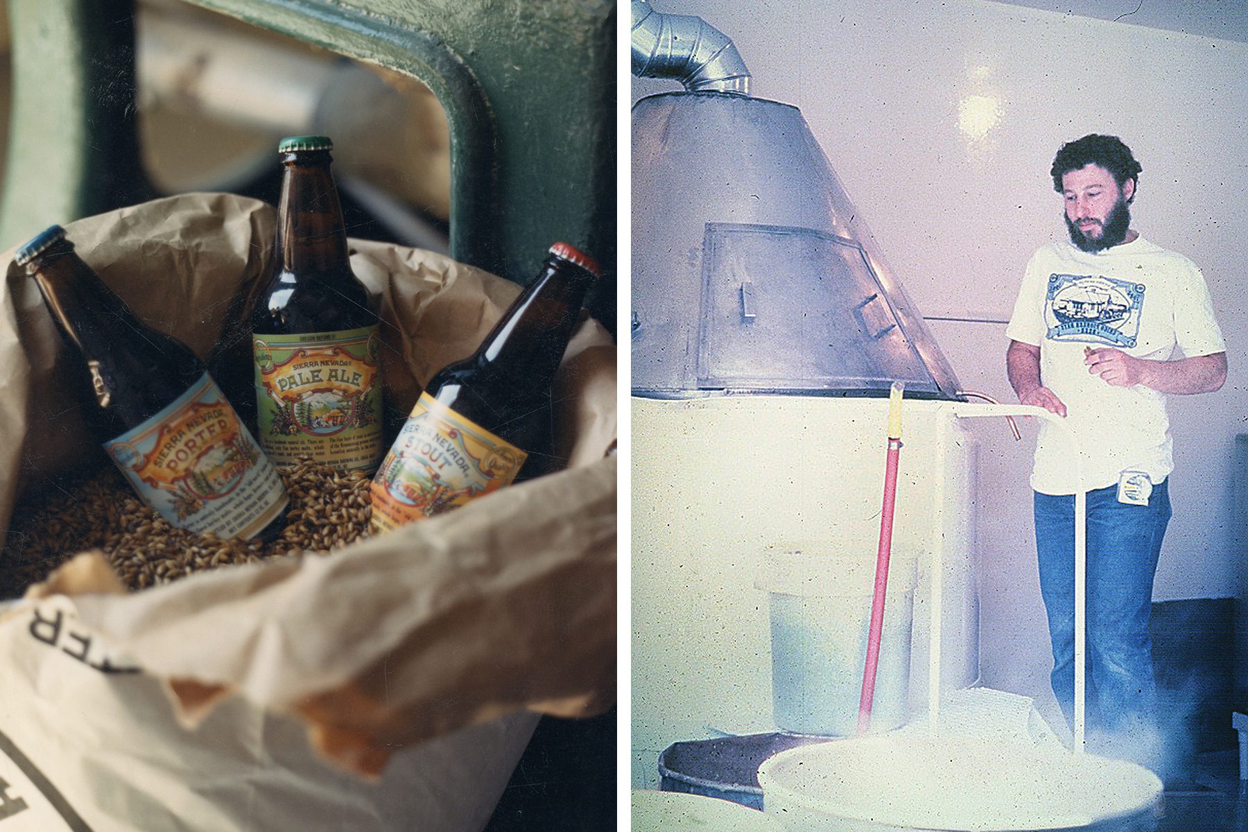 Three bottles of Sierra Nevada beer from the 1980s and brewery founder Ken Grossman