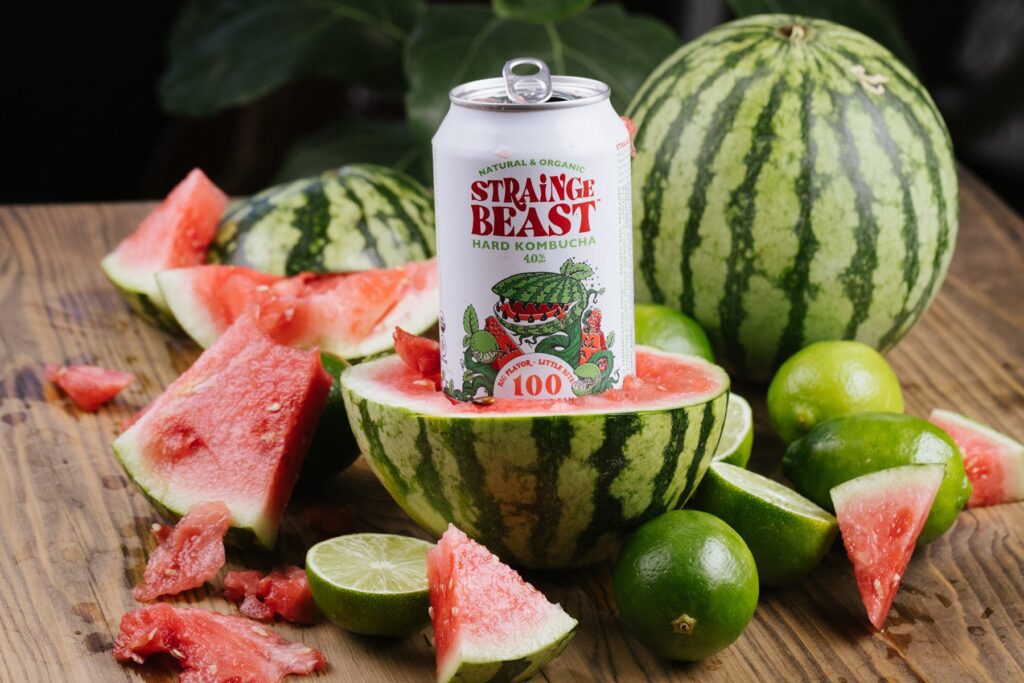 Watermelon Strainge Beast can sitting inside an actual watermelon