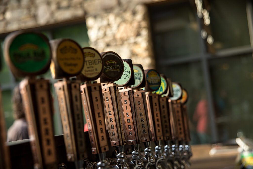 A lineup of tap handles at Sierra Nevada Brewing Co.