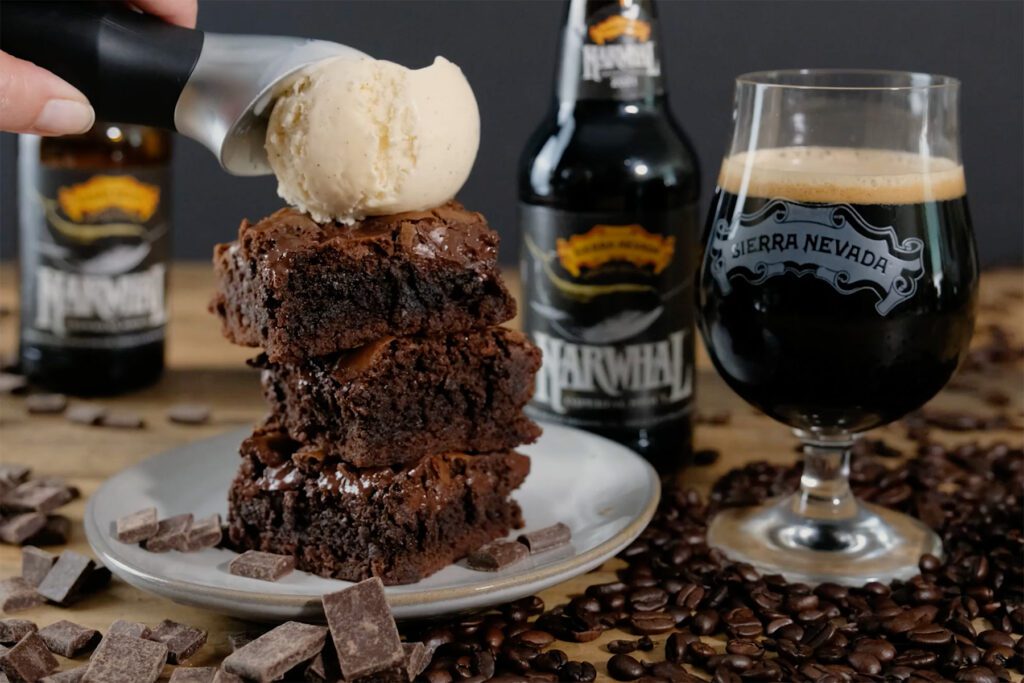 Placing a scoop of ice cream atop chocolate brownies made with Sierra Nevada Narwhal Imperial Stout