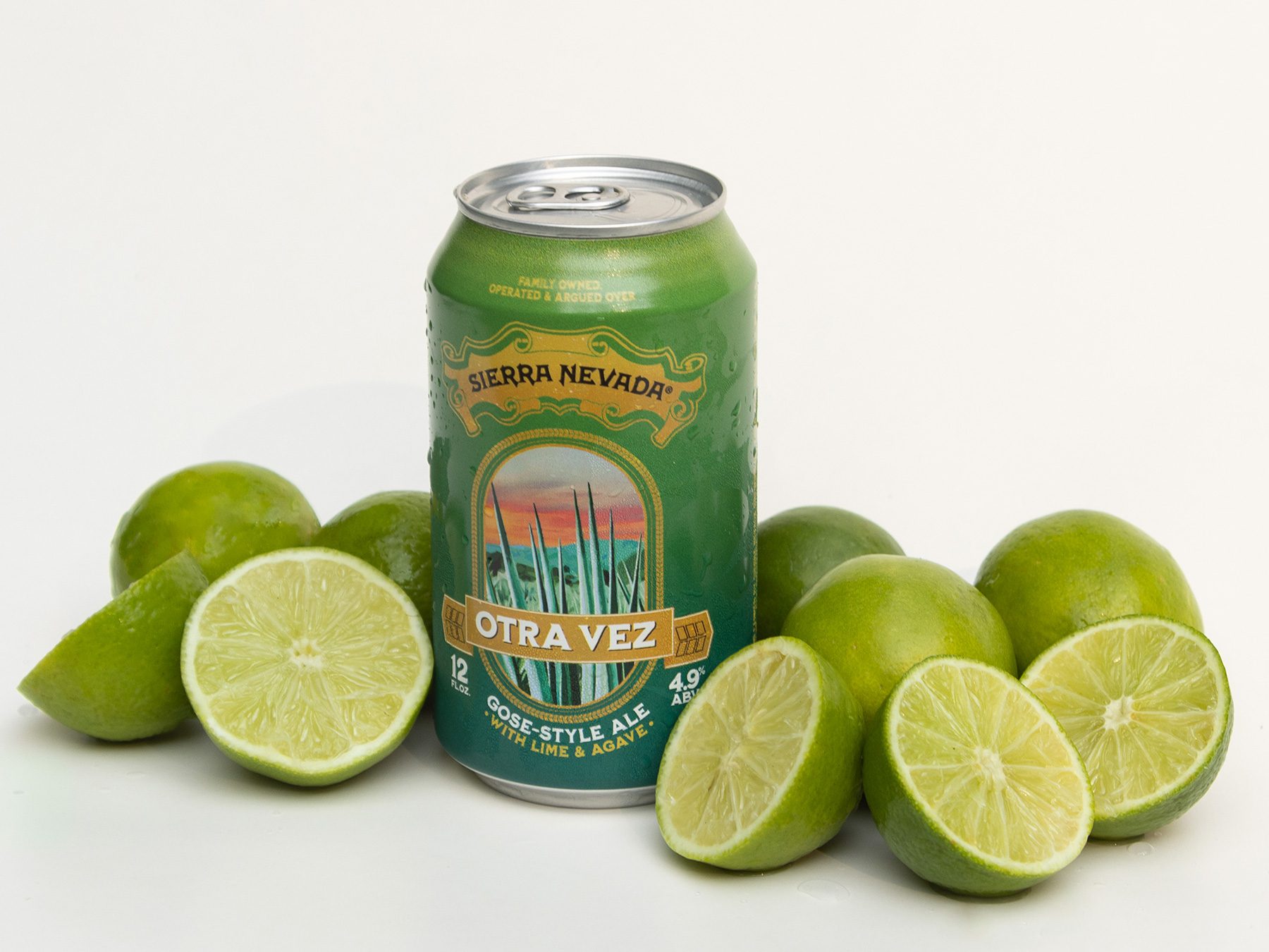 A can of Sierra Nevada Otra Vez surrounded by lime slices.