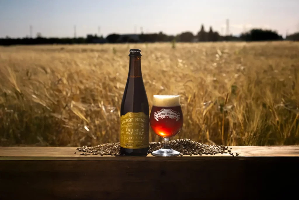 Friends of the Family Scottish Ale on table in front of field of barley